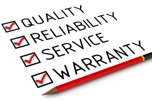 Quality, Relibility, Service, Warranty list weith checkboxes