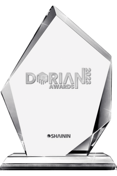 2023 Dorian Award Trophy - Clear, angular vertical palque on a clear base with Dorian Awards Logo embossed on it