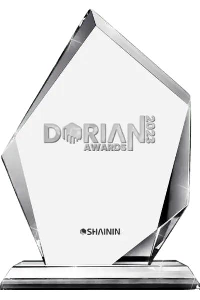 2023 Dorian Award Trophy - Clear, angular vertical palque on a clear base with Dorian Awards Logo embossed on it