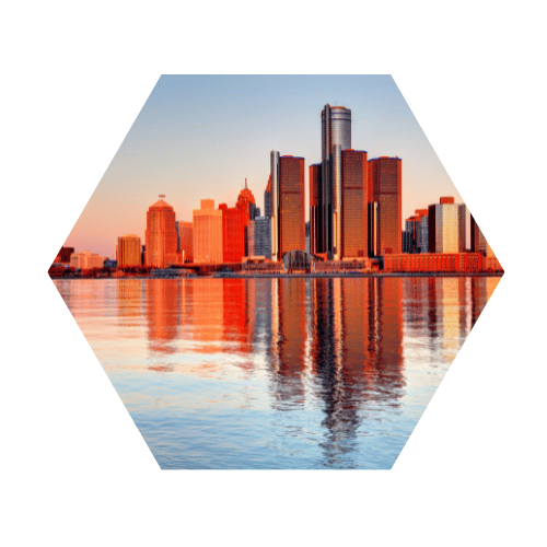 Detroit Skyline in the daytime in a hexagon shaped frame