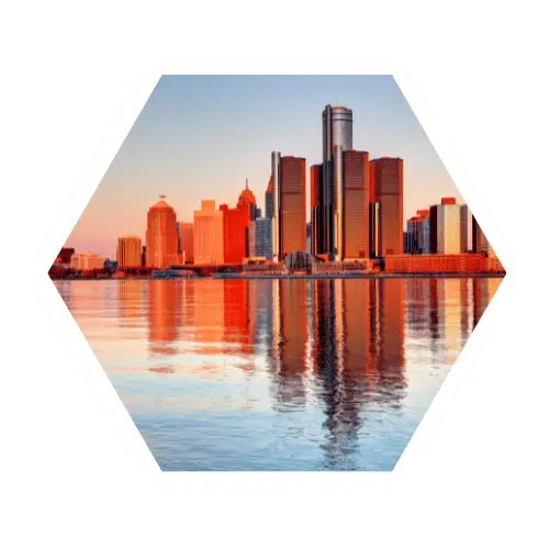 Detroit Skyline in the daytime in a hexagon shaped frame