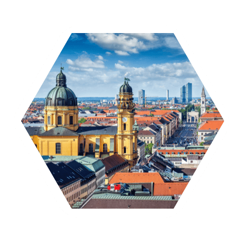 Munich Skyline in the daytime in a hexagon shaped frame