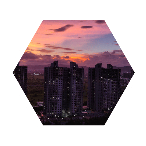 Pune Skyline at dusk in a hexagon shaped frame