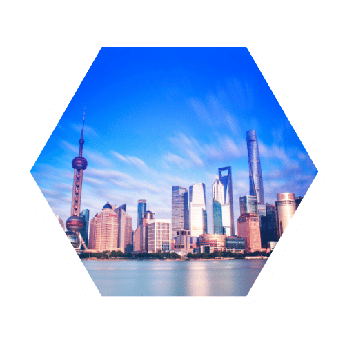 Shanghai Skyline in the daytime in a hexagon shaped frame