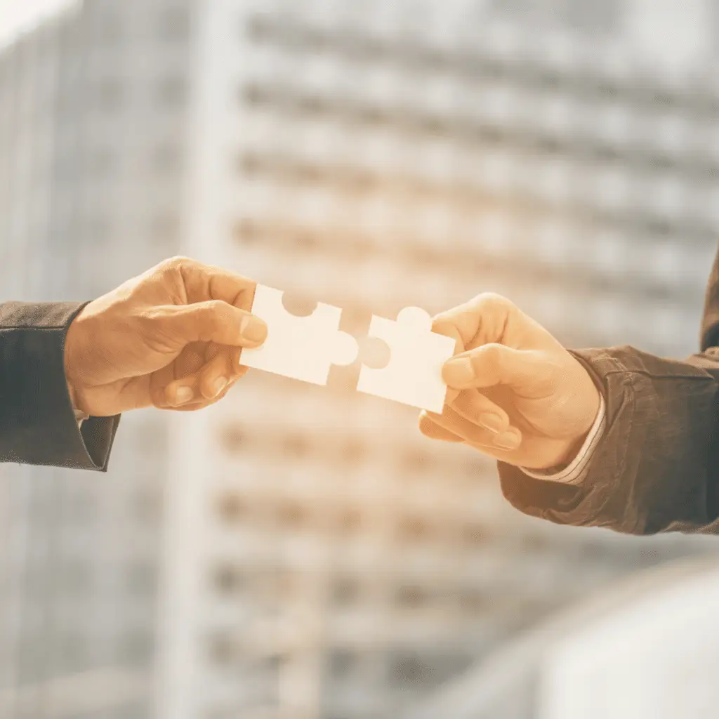 Two hands connecting two glowing puzzle pieces in front of a city background. Making the connections needed to create something brilliant.