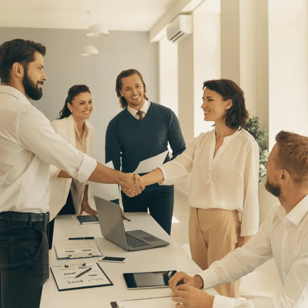 A man shaking hands with a female team leader in a corporate office surrounded by her team. The office is light and bright and the team is smiling.
